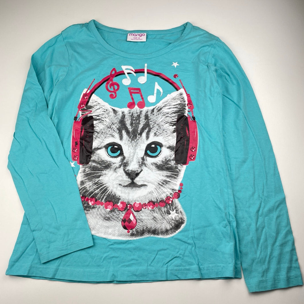 Girls Mango, cotton long sleeve tee / top, cat, FUC, size 16,  