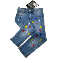 Load image into Gallery viewer, unisex Minti, paint spot stretch denim jeans, adjustable, Inside leg: 39cm, NEW, size 4,  
