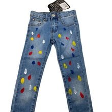 Load image into Gallery viewer, unisex Minti, paint spot stretch denim jeans, adjustable, Inside leg: 39cm, NEW, size 4,  
