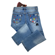 Load image into Gallery viewer, unisex Minti, paint spot stretch denim jeans, adjustable, Inside leg: 39cm, NEW, size 4,  
