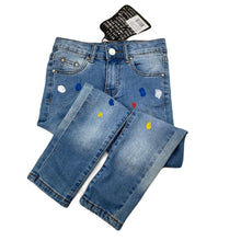 Load image into Gallery viewer, unisex Minti, paint spot stretch denim jeans, adjustable, Inside leg: 45cm, NEW, size 6,  