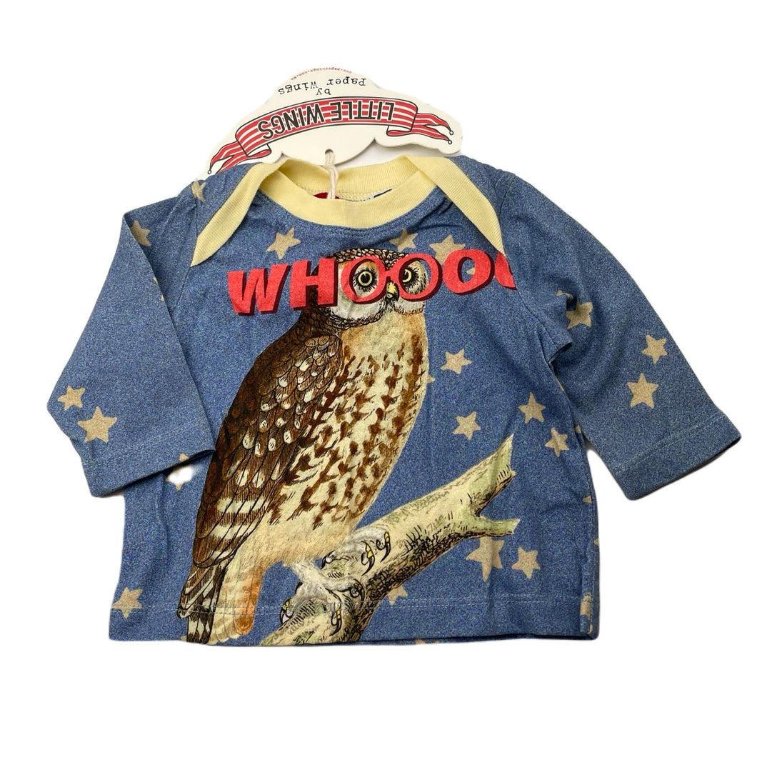 unisex LITTLE WINGS, organic cotton long sleeve tee / top, owl, NEW, size 0000,  