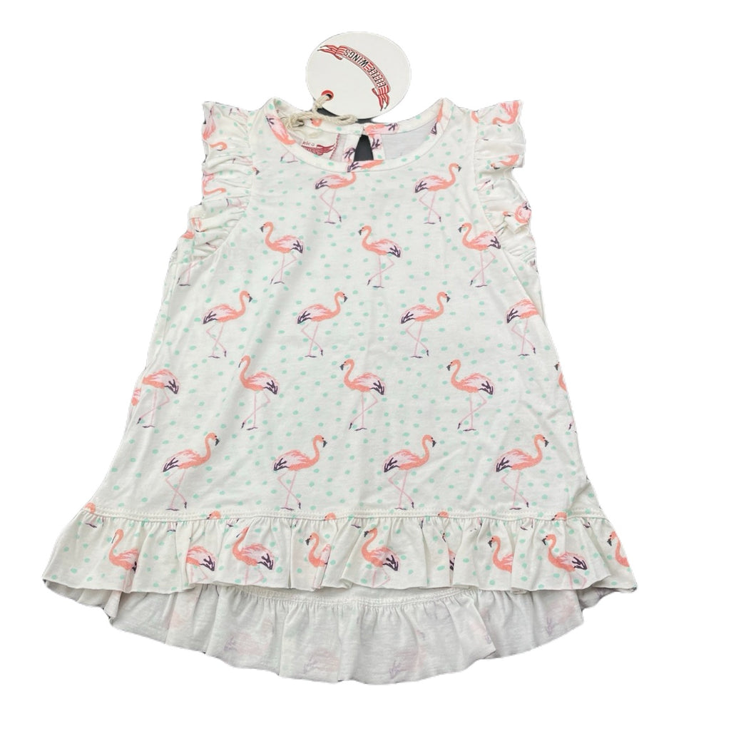 Girls LITTLE WINGS, organic cotton summer dress, flamingos, NEW, size 6 months, L: 34cm at front