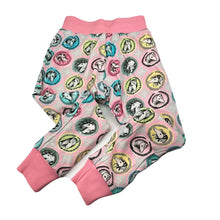 Load image into Gallery viewer, Girls PAPER WINGS, reversible organic cotton track pants, elasticated, horses, Inside leg: 44cm, EUC, size 5,  