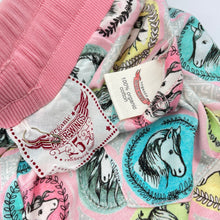 Load image into Gallery viewer, Girls PAPER WINGS, reversible organic cotton track pants, elasticated, horses, Inside leg: 44cm, EUC, size 5,  