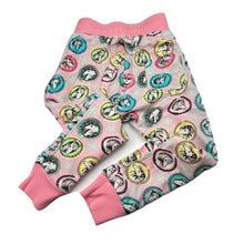 Load image into Gallery viewer, Girls PAPER WINGS, reversible organic cotton track pants, elasticated, horses, Inside leg: 44cm, EUC, size 5,  