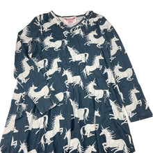 Load image into Gallery viewer, Girls PAPER WINGS, organic cotton long sleeve dress, unicorns, mark back left sleeve, FUC, size 10, L: 73cm