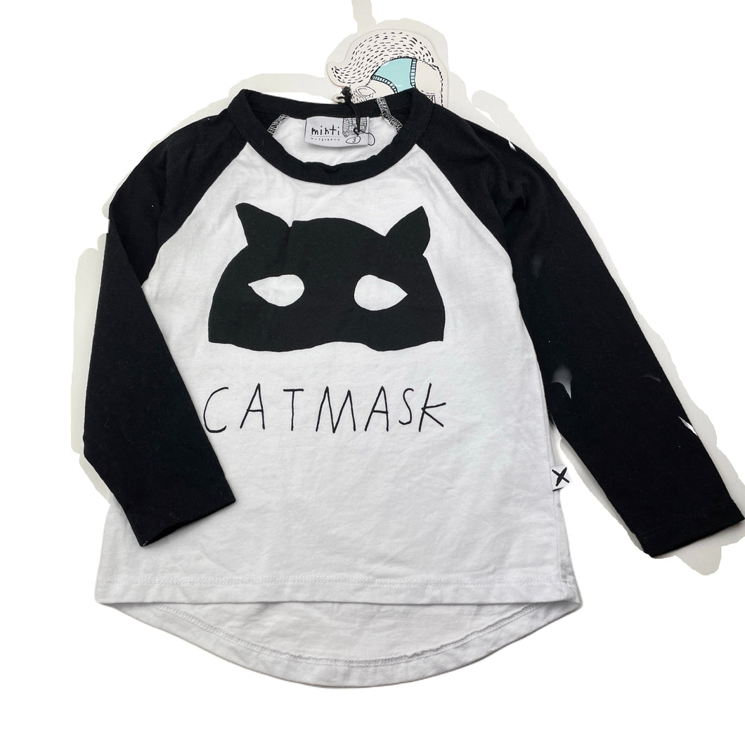 Girls Minti, black & white cotton long sleeve tee/top, cat mask, NEW, size 3,  