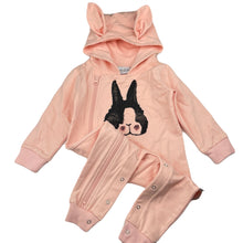 Load image into Gallery viewer, Girls Minti, pink stretchy hooded zip romper, rabbit, EUC, size 1,  