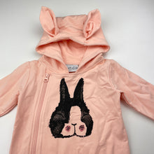 Load image into Gallery viewer, Girls Minti, pink stretchy hooded zip romper, rabbit, EUC, size 1,  