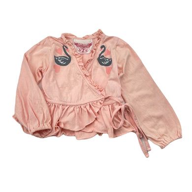 Girls PAPER WINGS, organic cotton cross-over top, swans, discolouration on sleeves, FUC, size 2,  