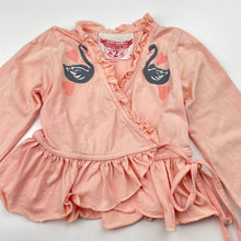 Load image into Gallery viewer, Girls PAPER WINGS, organic cotton cross-over top, swans, discolouration on sleeves, FUC, size 2,  