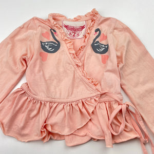 Girls PAPER WINGS, organic cotton cross-over top, swans, discolouration on sleeves, FUC, size 2,  