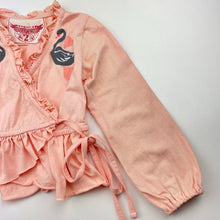 Load image into Gallery viewer, Girls PAPER WINGS, organic cotton cross-over top, swans, discolouration on sleeves, FUC, size 2,  