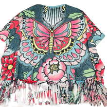 Load image into Gallery viewer, Girls PAPER WINGS, colourful floral lightweight organic cotton fringed poncho, NEW, size 6,  