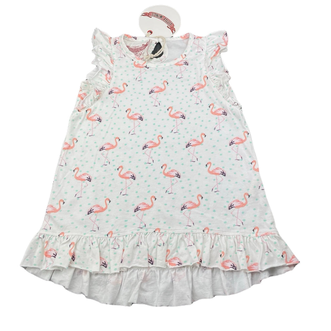 Girls LITTLE WINGS, lightweight organic cotton dress, flamingos, NEW, size 1-2, L: 42cm at front