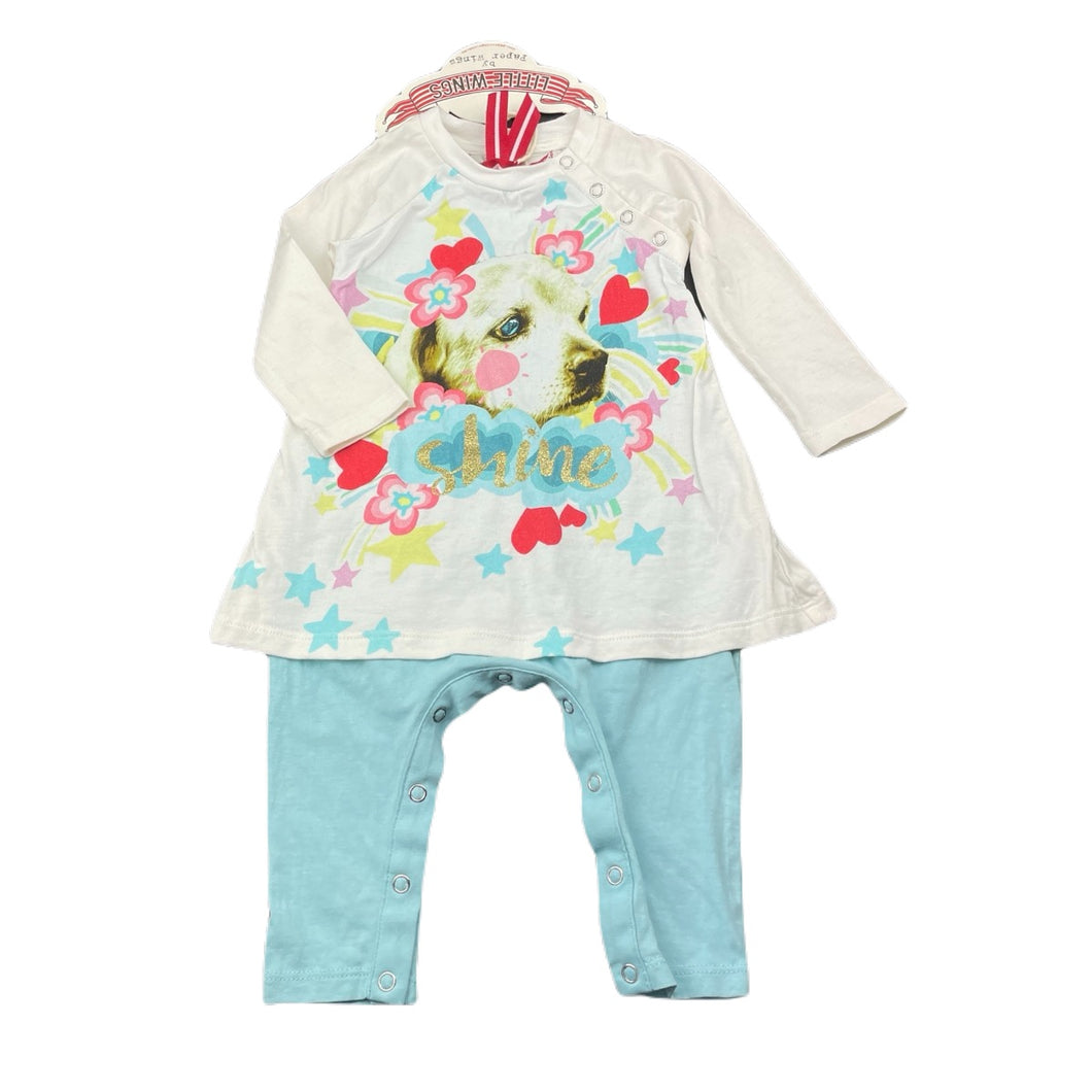 Girls LITTLE WINGS, organic cotton romper dress, dog, NEW, size 6 months,  