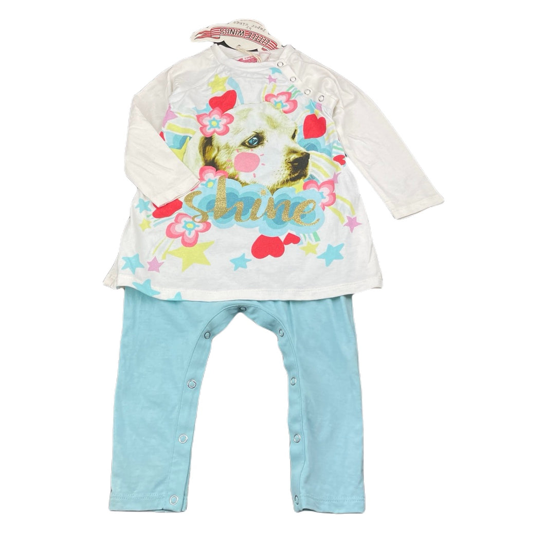 Girls LITTLE WINGS, organic cotton romper dress, dog, NEW, size 1-2,  