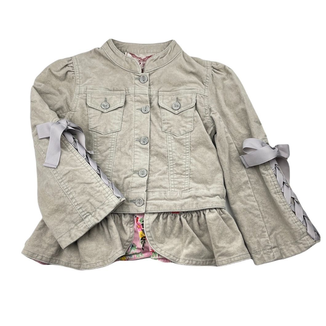 Girls PAPER WINGS, grey velvet jacket, detachable ruffle hem, light mark back right sleeve, FUC, size 5,  