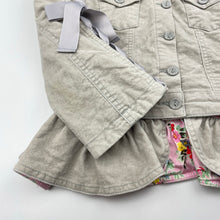 Load image into Gallery viewer, Girls PAPER WINGS, grey velvet jacket, detachable ruffle hem, light mark back right sleeve, FUC, size 5,  
