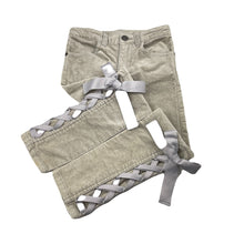Load image into Gallery viewer, Girls PAPER WINGS, grey velvet stretch cotton pants, adjustable, Inside leg: 48cm, light marks right cuff , FUC, size 5,  