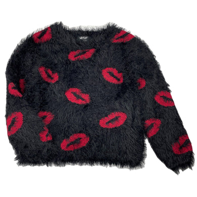 Girls Wayne Jnr, black fluffy sweater / jumper, lips, EUC, size 5,  