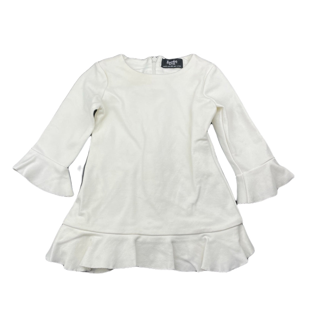 Girls Bardot Junior, white stretchy long sleeve dress, light marks, FUC, size 1, L: 38cm
