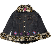 Load image into Gallery viewer, Girls Barbie, vintage faux fur trim stretch denim jacket, GUC, size 4,  