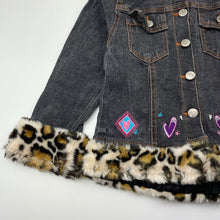 Load image into Gallery viewer, Girls Barbie, vintage faux fur trim stretch denim jacket, GUC, size 4,  