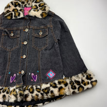 Load image into Gallery viewer, Girls Barbie, vintage faux fur trim stretch denim jacket, GUC, size 4,  