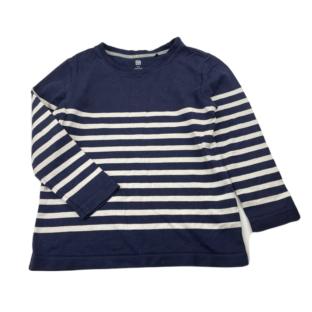 Girls Uniqlo, navy stripe cotton long sleeve top, wash fade, FUC, size 3-4,  