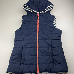 Girls Target, navy/striped reversible hooded puffer vest, EUC, size 9,  