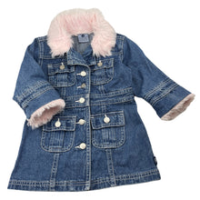Load image into Gallery viewer, Girls Pumpkin Patch, vintage denim jacket/coat, faux fur trim, L: 41cm, light mark on lapel, FUC, size 1,  
