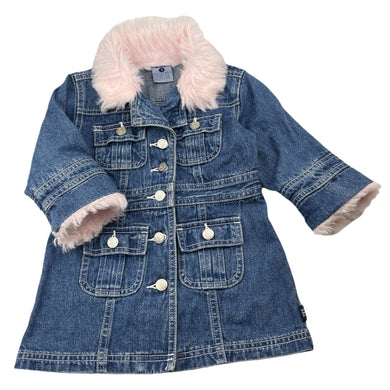 Girls Pumpkin Patch, vintage denim jacket/coat, faux fur trim, L: 41cm, light mark on lapel, FUC, size 1,  