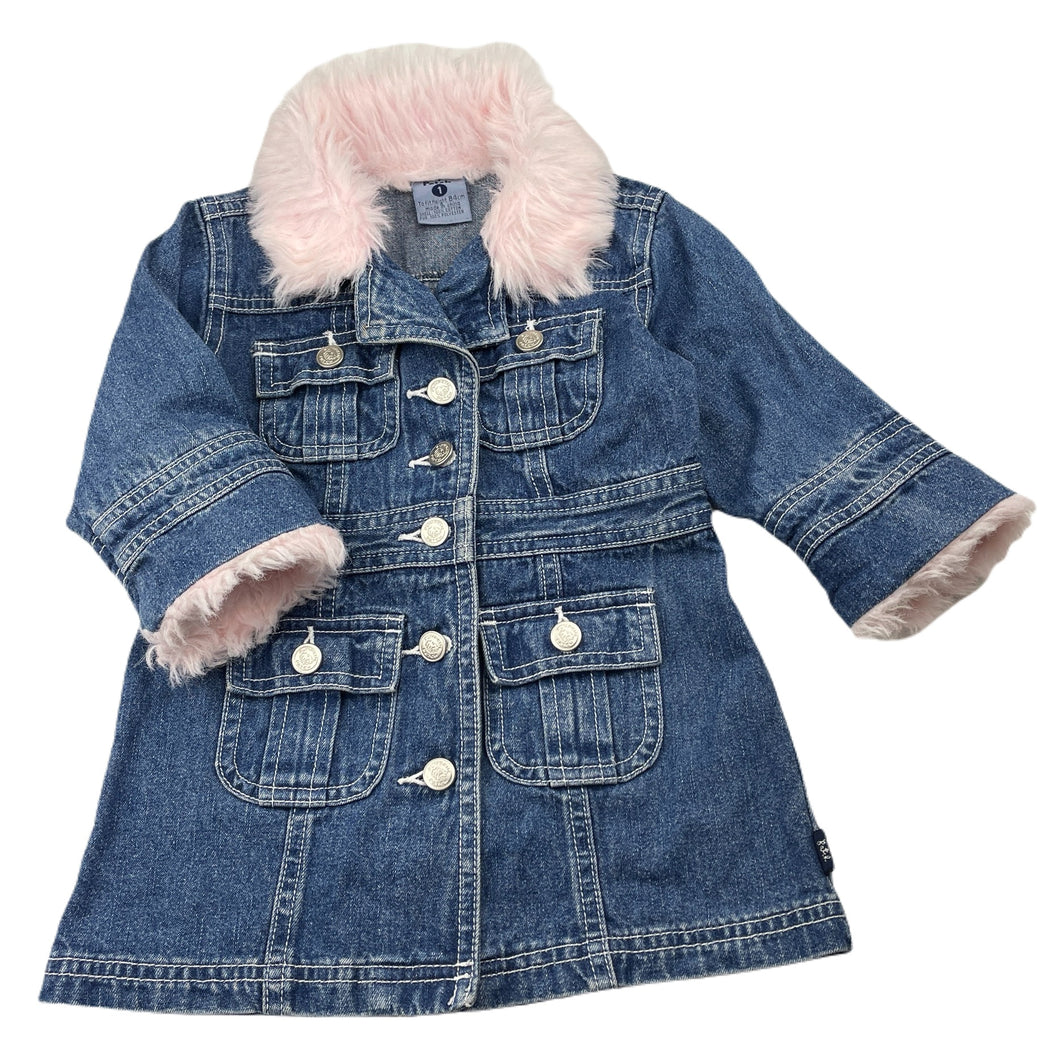 Girls Pumpkin Patch, vintage denim jacket/coat, faux fur trim, L: 41cm, light mark on lapel, FUC, size 1,  