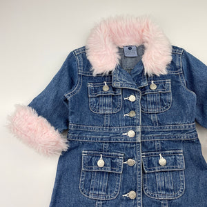 Girls Pumpkin Patch, vintage denim jacket/coat, faux fur trim, L: 41cm, light mark on lapel, FUC, size 1,  