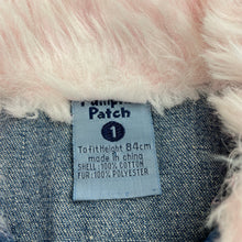 Load image into Gallery viewer, Girls Pumpkin Patch, vintage denim jacket/coat, faux fur trim, L: 41cm, light mark on lapel, FUC, size 1,  