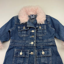 Load image into Gallery viewer, Girls Pumpkin Patch, vintage denim jacket/coat, faux fur trim, L: 41cm, light mark on lapel, FUC, size 1,  