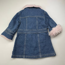 Load image into Gallery viewer, Girls Pumpkin Patch, vintage denim jacket/coat, faux fur trim, L: 41cm, light mark on lapel, FUC, size 1,  