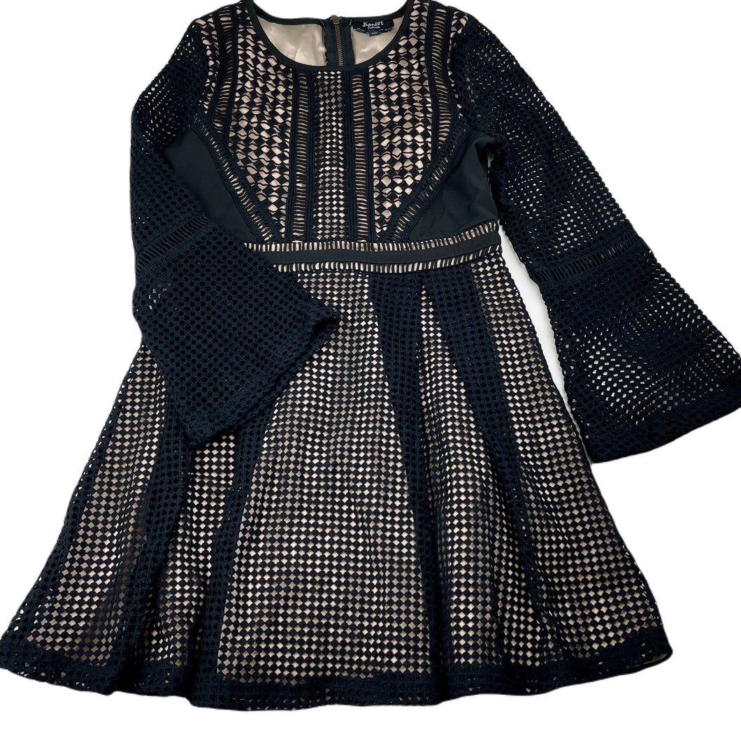 Girls Bardot Junior, lined black lace long sleeve dress, GUC, size 8, L: 64cm