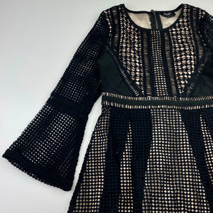 Girls Bardot Junior, lined black lace long sleeve dress, GUC, size 8, L: 64cm