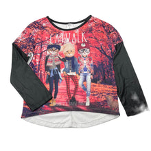 Load image into Gallery viewer, Girls Miss Understood, lightweight long sleeve top, cats, mark back left shoulder, FUC, size 8,  