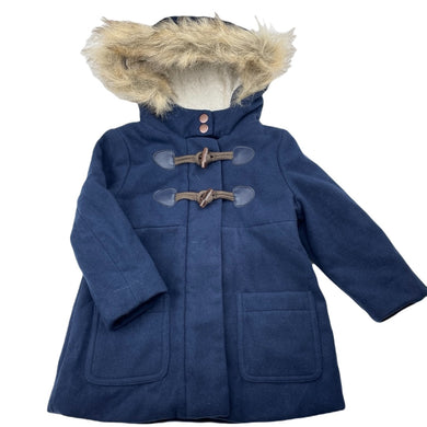 Girls Target, navy hooded duffle coat / jacket, L: 42cm, EUC, size 2,  