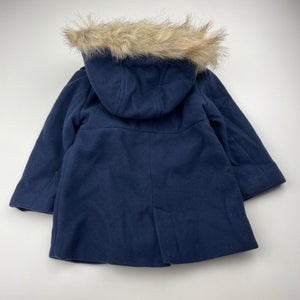 Girls Target, navy hooded duffle coat / jacket, L: 42cm, EUC, size 2,  