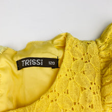 Load image into Gallery viewer, Girls Trissi, lined yellow floral lace dress, GUC, size 6, L: 64cm