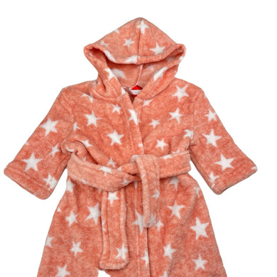 Girls soft, fleece hooded dressing gown / bath robe, L: 48cm, EUC, size 0-1,  