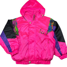 Load image into Gallery viewer, Girls NEVERIGA, fluoro retro 80s style lightweight jacket, mark back left cuff, FUC, size 6,  
