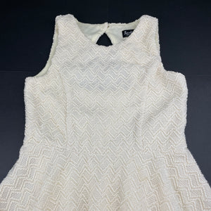 Girls Bardot Junior, lined textured party dress, light mark back, FUC, size 6, L: 63cm
