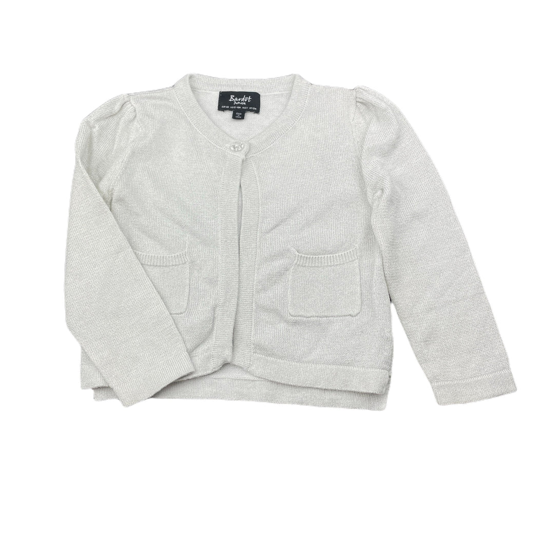 Girls Bardot Junior, metallic silver knit lightweight cardigan, GUC, size 1,  