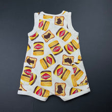 Load image into Gallery viewer, unisex Peter Alexander, Vegemite stretchy romper, small light mark lower back right, FUC, size 00,  